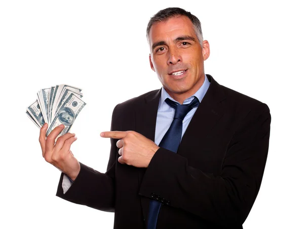 Hispanic senior business man with dollars — Stock Photo, Image