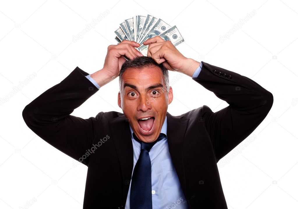Victorious mature person with cash money
