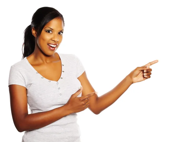 Mulher apontando com os dedos — Fotografia de Stock