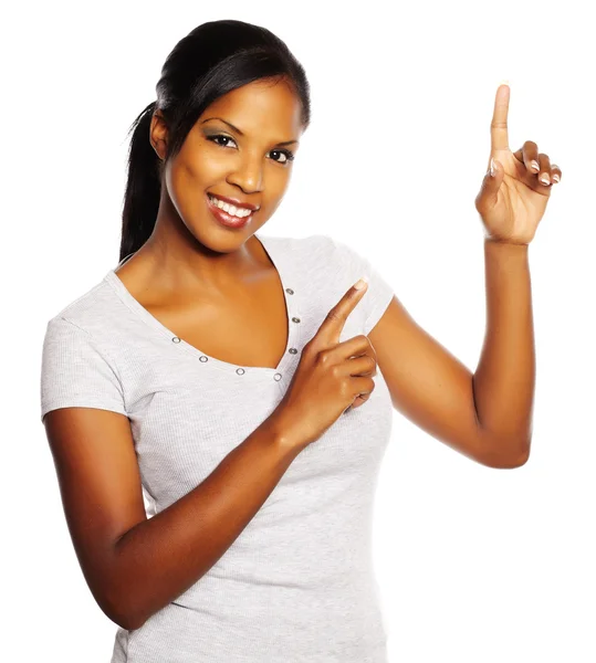 Kobieta wskazując palcami — Zdjęcie stockowe