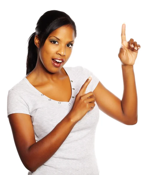 Woman pointing with the fingers — Stock Photo, Image