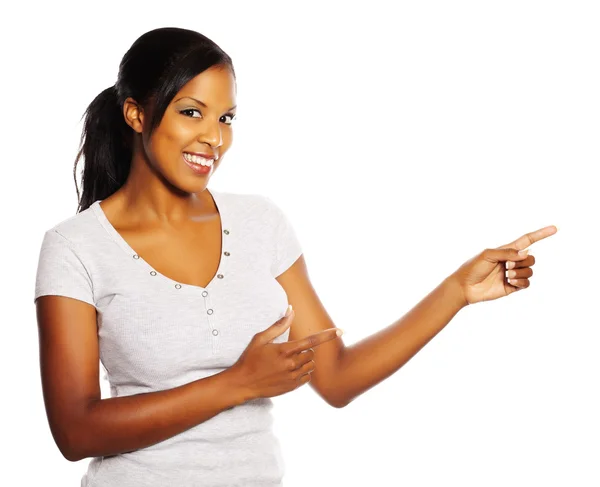 Woman pointing with the fingers — Stock Photo, Image