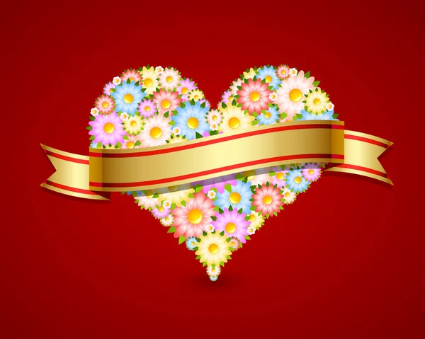 Corazón floral con cinta — Vector de stock