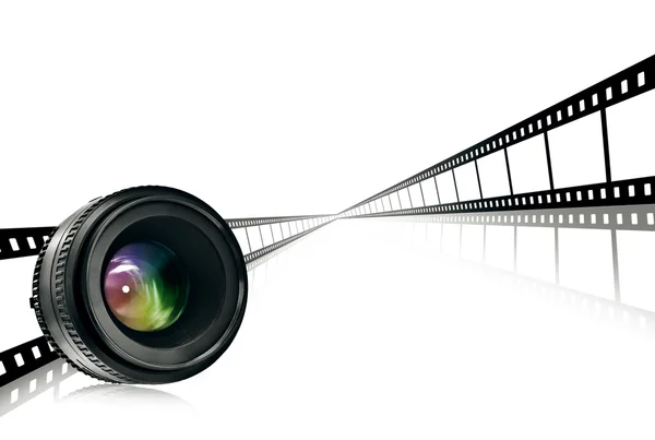 Objektivu & filmový pás na bílém pozadí — Stock fotografie