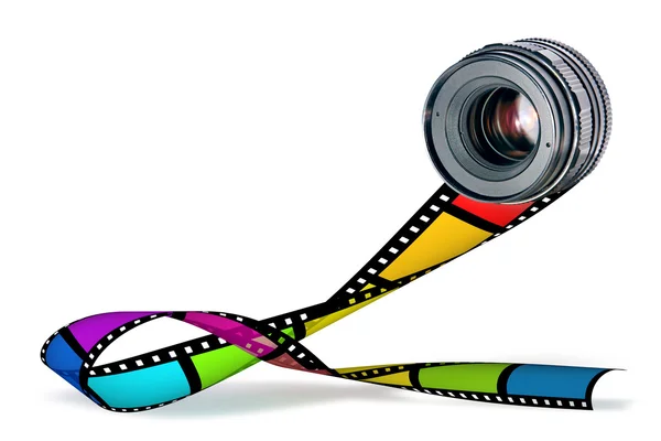Lens & color film strip on white — Stock Photo, Image