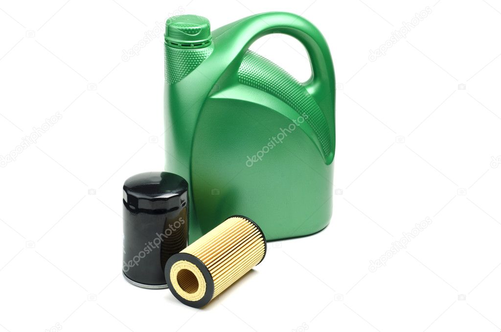 Green oil canister and oil filters isolated