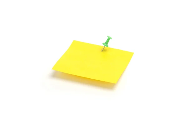 stock image Yellow reminder note with green pin isolated on the white