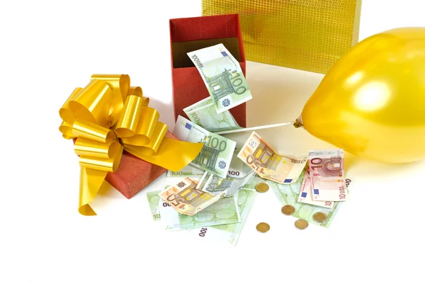 Caixa de presente, saco, dinheiro — Fotografia de Stock