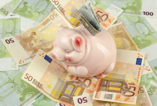 Roze piggy bank op euro — Stockfoto