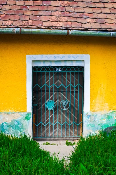 Porta trancada e colorido parede amarela e grama primeiro plano — Fotografia de Stock