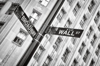 Wall street and Broadway street sign black and white, New York clipart