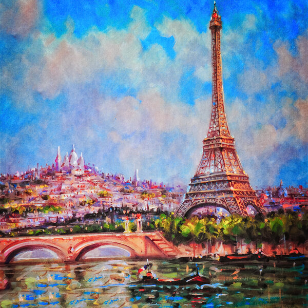 Colorful painting of Eiffel tower and Sacre Coeur in Paris