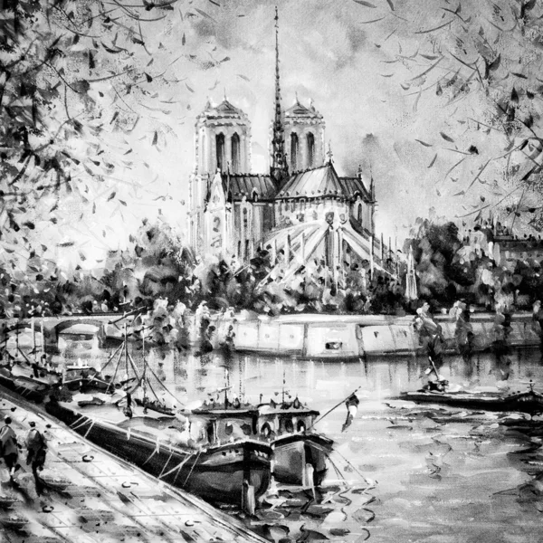 Pintura monocromática de Notre Dame em Paris — Fotografia de Stock