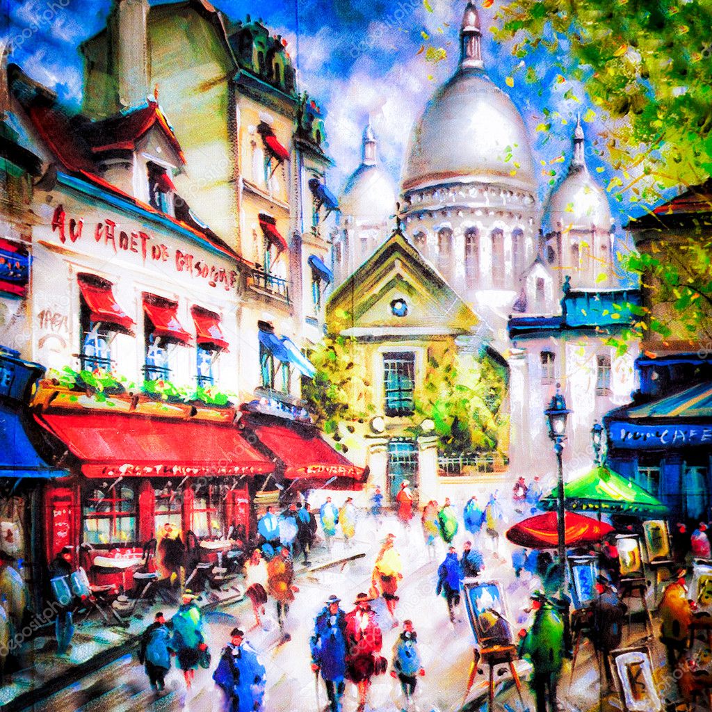 Colorful painting of Sacre Coeur and Montmartre in Paris