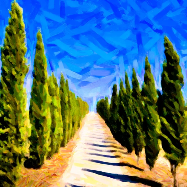 空のトスカーナ サイプレス road, 絵画アート — ストック写真