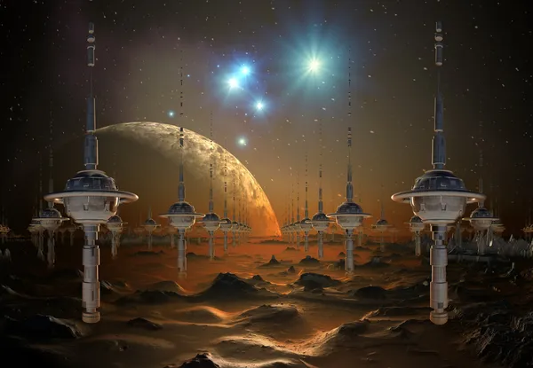 Planeta alienígena com lua e torres — Fotografia de Stock