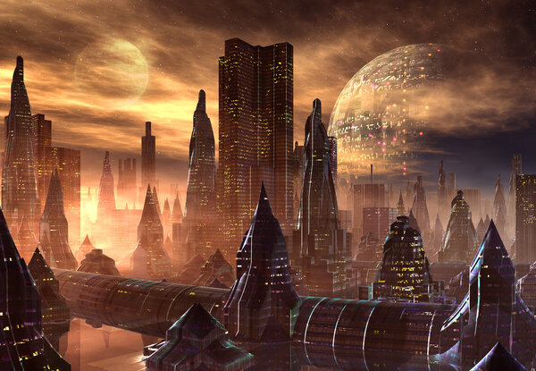 Fantasy city skyline on an alien planet