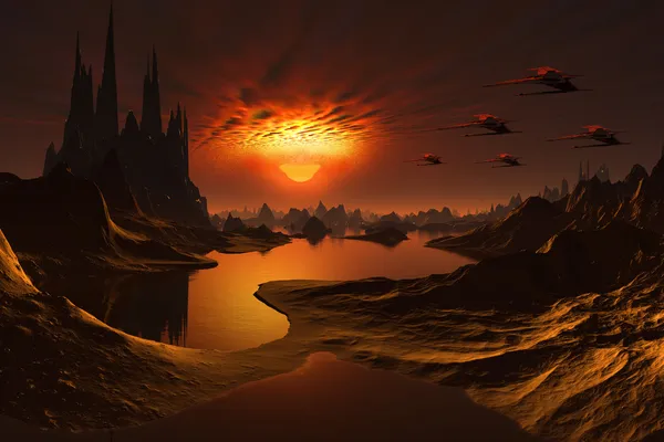 Инопланетный мир с космическими кораблями — стоковое фото
