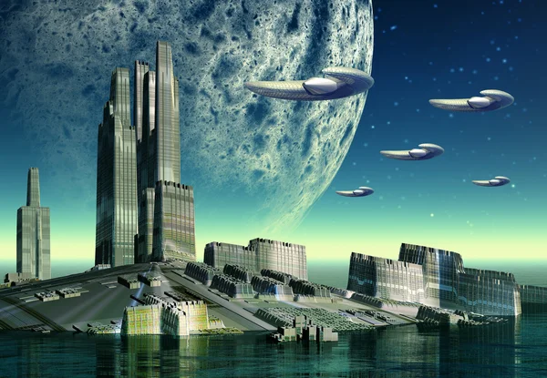 Alien Planet with Spaceships Stock Image