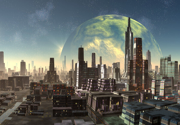 Futuristic skyline from a city on an alien planet