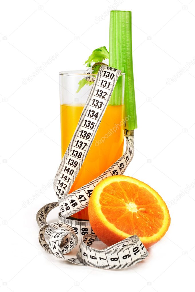 Orange juice celery and measure tape