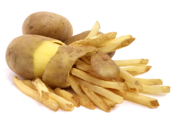 Peeled potato and french fries — Stock Photo, Image