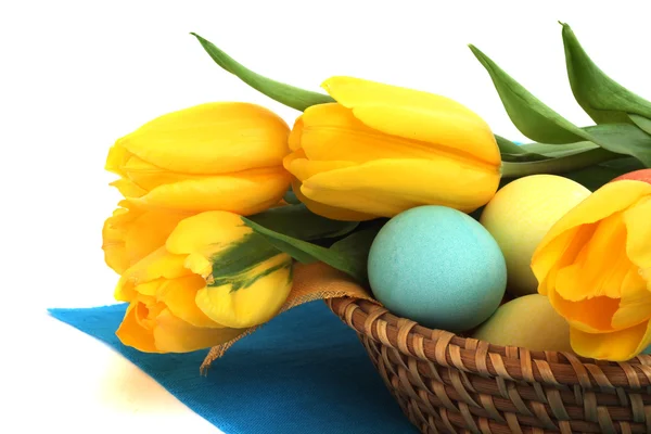 Egg, basket, easter, tulip, spring, celebration, spring, symbol, flower, seasonal, yellow, holiday, paint, food, religious, tradition, floral, event, isolated, white, background, decoration, traditional, corner, green, ap — стоковое фото