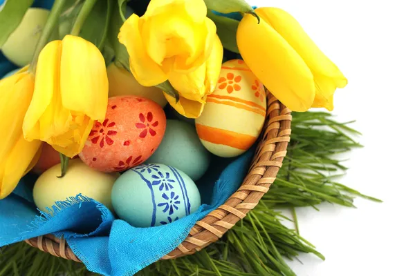Basket of easter eggs and tulips on white — Stock Photo, Image