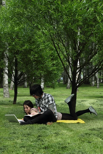 Pareja estudiando al aire libre — Foto de Stock