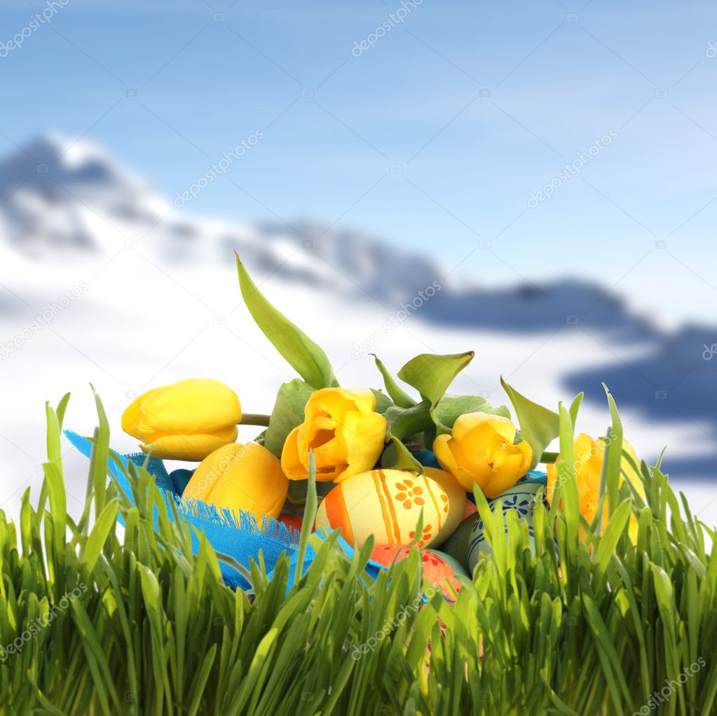 Easter basket with eggs and tulips in spring mountains