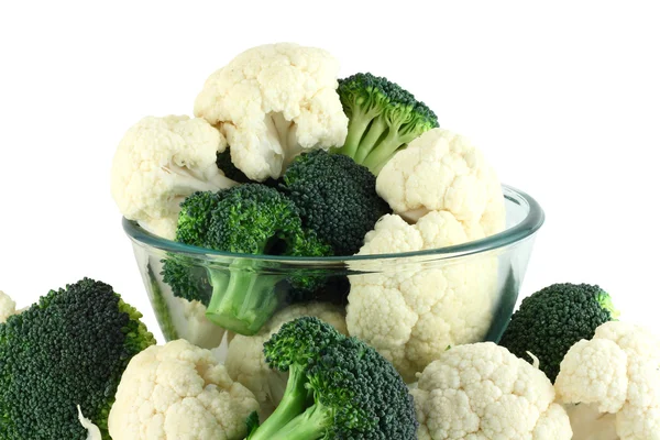 Cauliflower and broccoli in transparent bowl — Stock Photo, Image