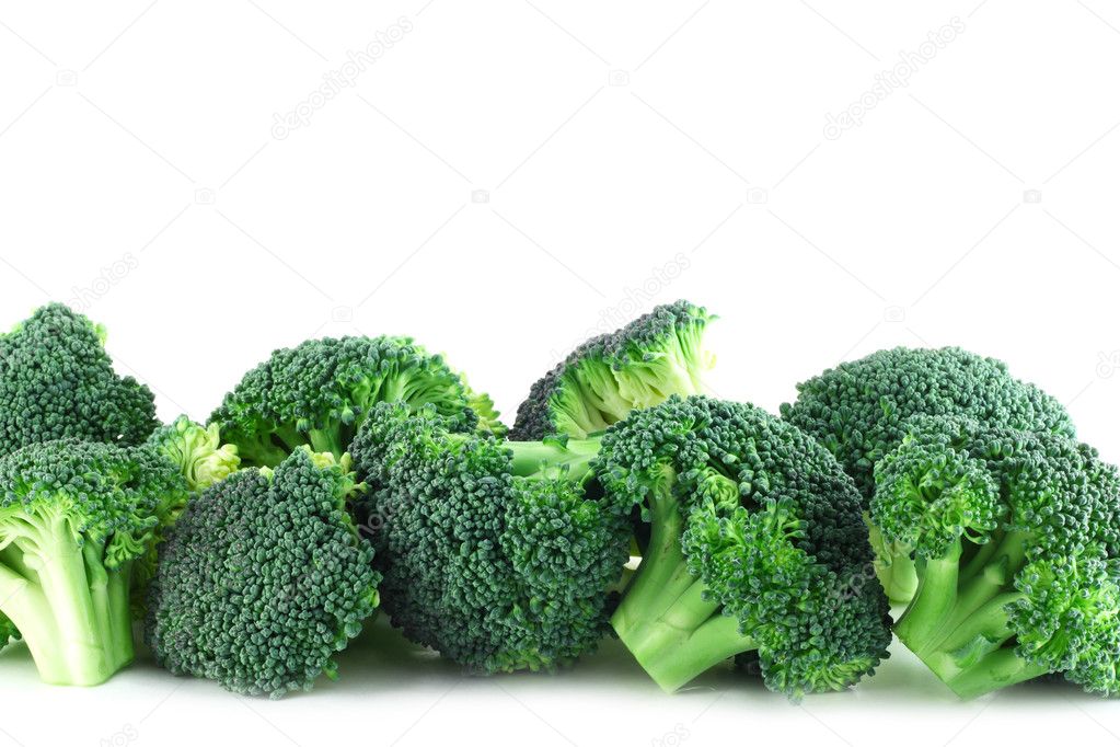 Broccoli pices in row on white
