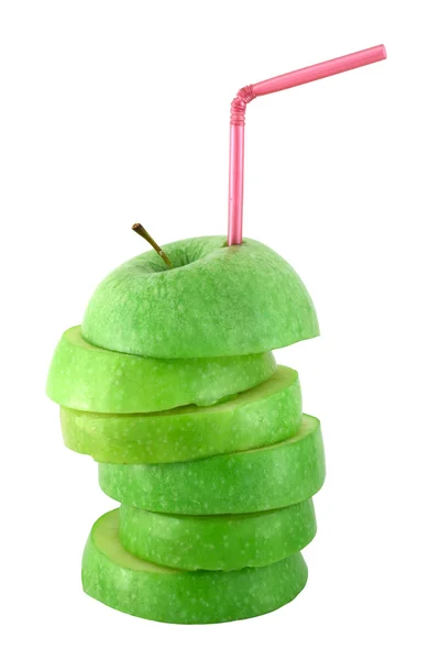 Stack of apple slices with straw — Stock Photo, Image