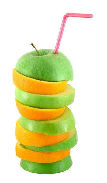 Stack of apple and orange slices with straw — Stock Photo, Image