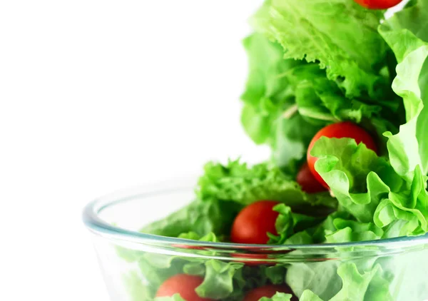 Alface clara e tomate voando conceito de salada — Fotografia de Stock