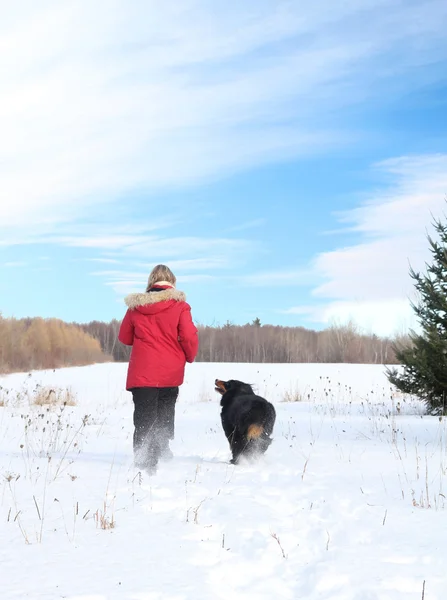 Femme marchant avec chien dans la neige — Photo