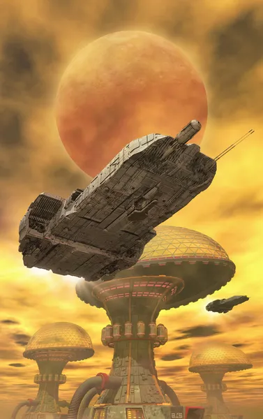 Spaceship and desert city — Stock Photo, Image