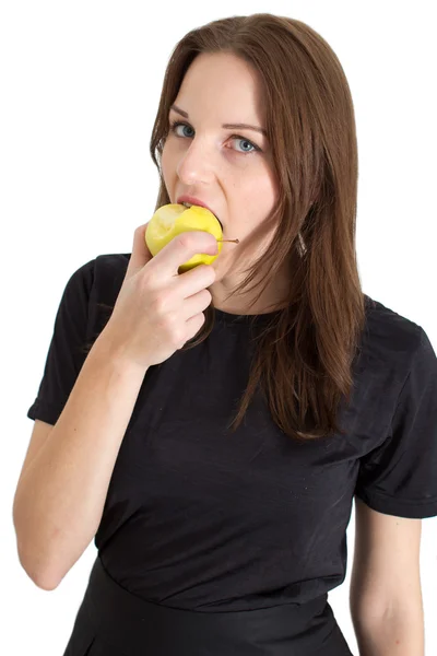 Woman Biting A Yellow Apple — Stock Photo, Image