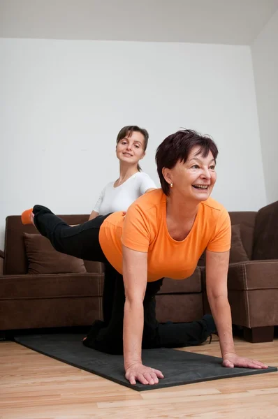 Coach aiutare la donna anziana esercizio — Foto Stock