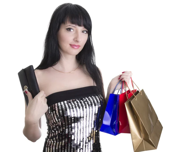 Czarowny dama z torby na zakupy i portfel — Zdjęcie stockowe