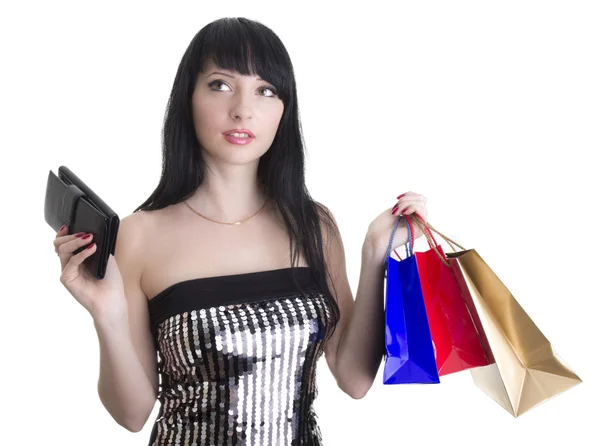 Glamorous woman with shopping bags and wallet — Stock Photo, Image