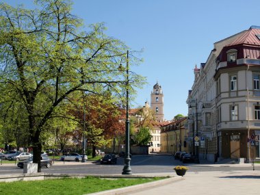 Kiliseler ve yeşil ağaçlar ile eski vilnius şehrinde bahar