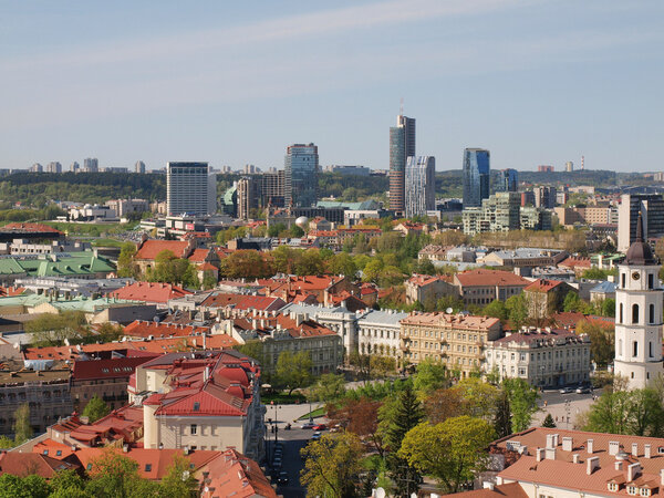 City skyscrapers and old city roofs - spring time in Vilnius.