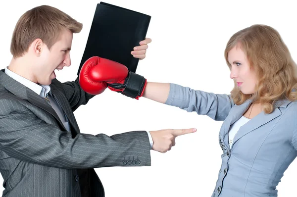 Businesswoman fighting off the boss — Stock Photo, Image