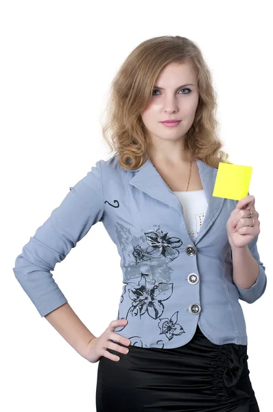 Business woman with in a yellow leaf in her hands — Stock Photo, Image