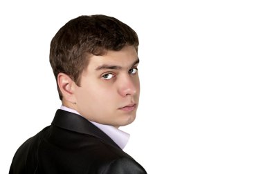 Young businessman looking over his shoulder clipart