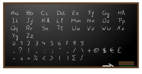 Blackboard background with alphabet, numbers and signs in chalk. — Stock Vector