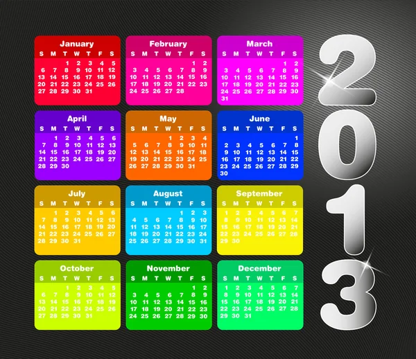 Fargerik kalender for 2013. Uken begynner søndag – stockvektor