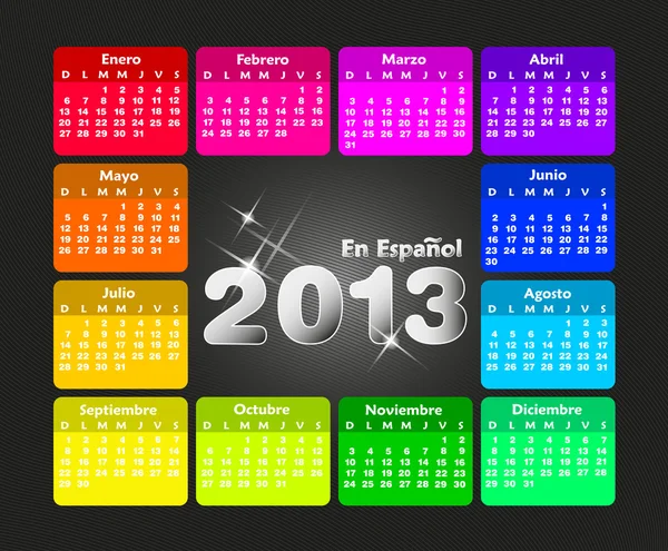 Calendário colorido 2013 em espanhol. Semana começa no domingo . — Vetor de Stock