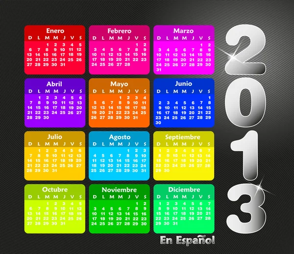 Farbenfroher Kalender 2013 auf Spanisch. Woche beginnt am Sonntag. — Stockvektor